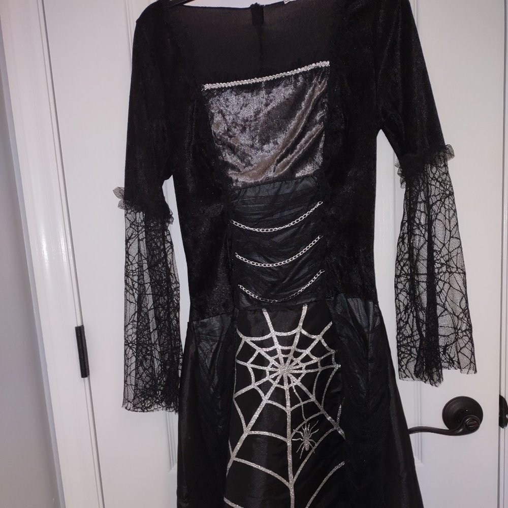 Witch costume size Medium. Black w/silver web  EUC
